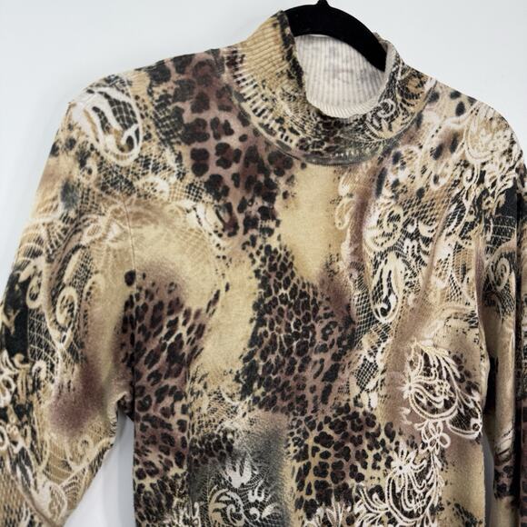 Cache animal artsy pattern knit high neck top size large Brown Gold Long Sleeve - Picture 3 of 11